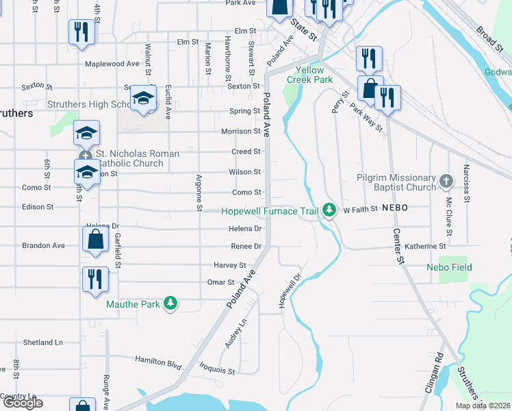 map of restaurants, bars, coffee shops, grocery stores, and more near 355 Poland Avenue in Struthers