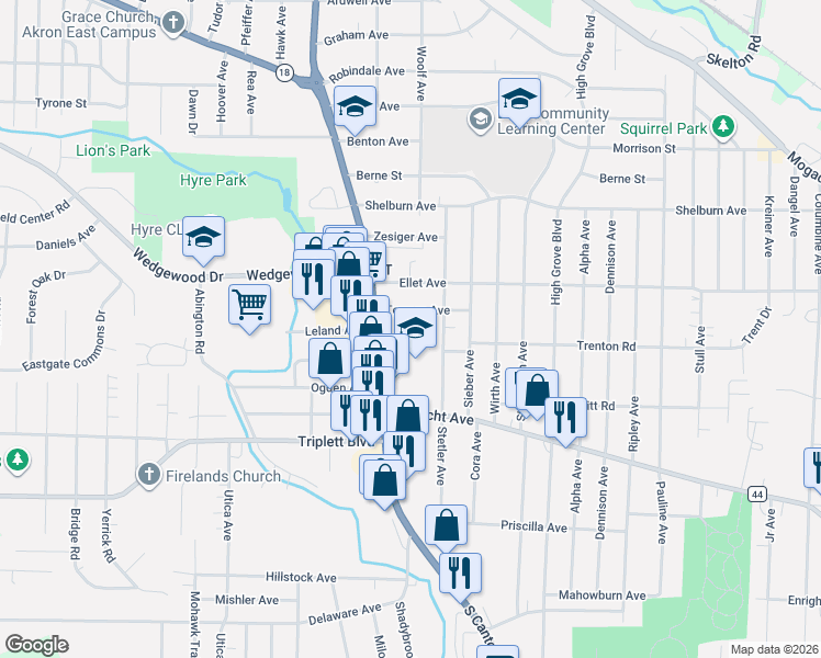 map of restaurants, bars, coffee shops, grocery stores, and more near 585 Canton Road in Akron