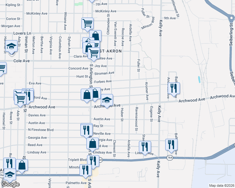 map of restaurants, bars, coffee shops, grocery stores, and more near 1100 Welton Avenue in Akron