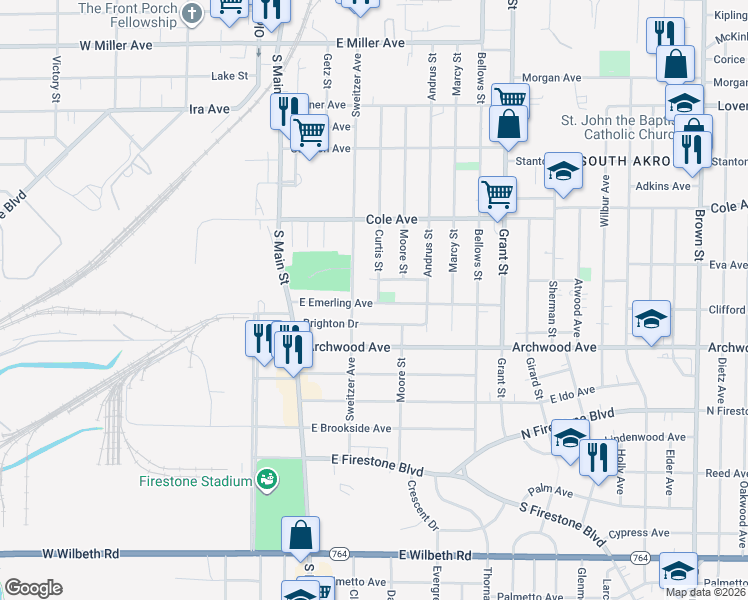 map of restaurants, bars, coffee shops, grocery stores, and more near 111 Brighton Drive in Akron