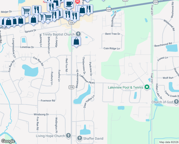 map of restaurants, bars, coffee shops, grocery stores, and more near 718 Deer Valley Court in Findlay