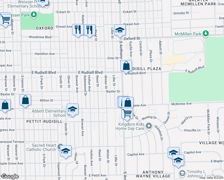 map of restaurants, bars, coffee shops, grocery stores, and more near 4117 Lillie Street in Fort Wayne