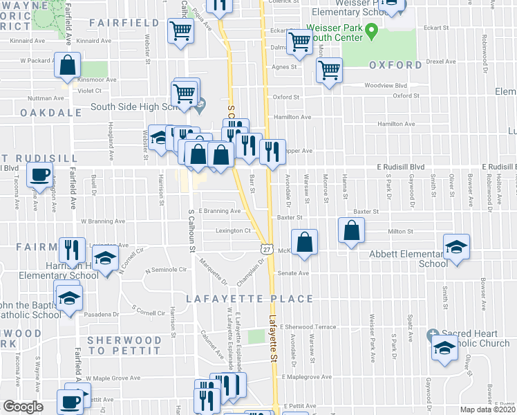 map of restaurants, bars, coffee shops, grocery stores, and more near 4118 Lafayette Street in Fort Wayne