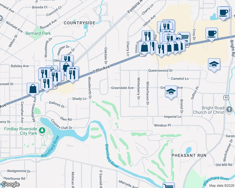map of restaurants, bars, coffee shops, grocery stores, and more near 1521 South Court in Findlay