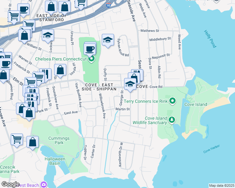 map of restaurants, bars, coffee shops, grocery stores, and more near 37 George Street in Stamford