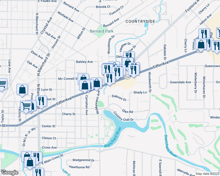 map of restaurants, bars, coffee shops, grocery stores, and more near 1119 Dalores Drive in Findlay