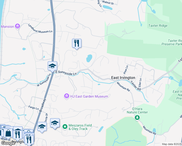 map of restaurants, bars, coffee shops, grocery stores, and more near 82 East Sunnyside Lane in Irvington
