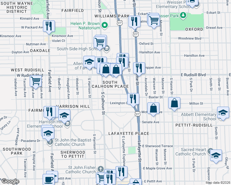 map of restaurants, bars, coffee shops, grocery stores, and more near 209 East Branning Avenue in Fort Wayne