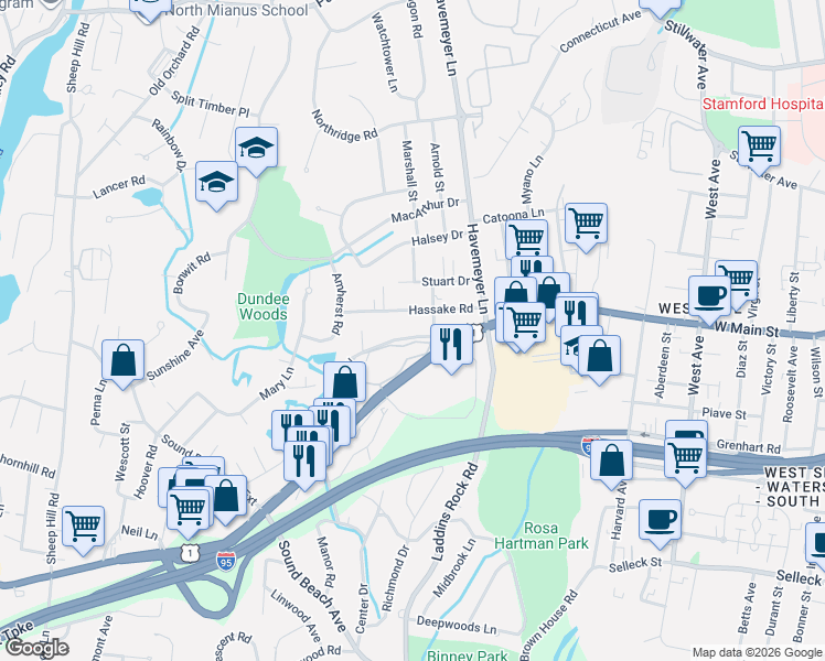 map of restaurants, bars, coffee shops, grocery stores, and more near 1465 East Putnam Avenue in Greenwich