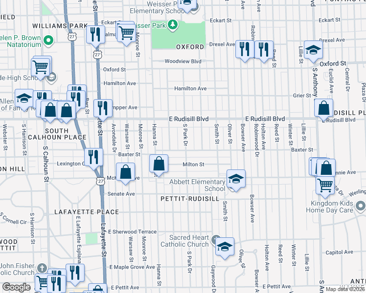 map of restaurants, bars, coffee shops, grocery stores, and more near 4030 South Park Drive in Fort Wayne