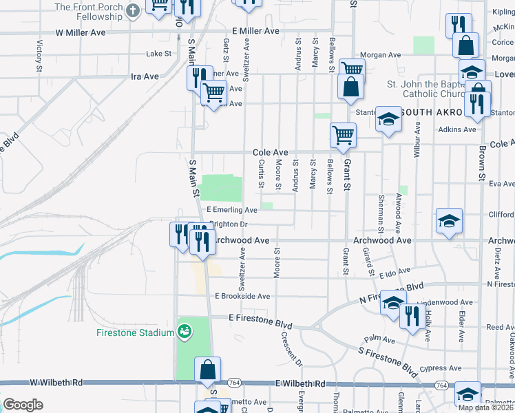 map of restaurants, bars, coffee shops, grocery stores, and more near 111 Brighton Drive in Akron