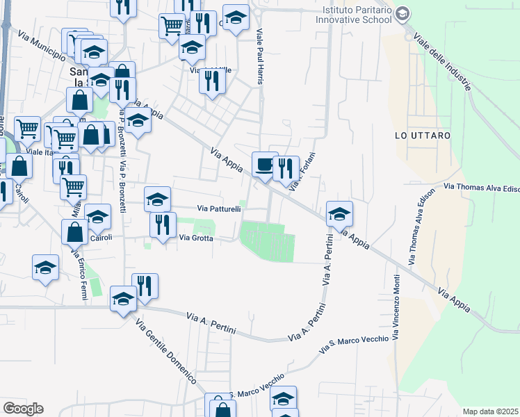 map of restaurants, bars, coffee shops, grocery stores, and more near 220 Via Appia in Caserta