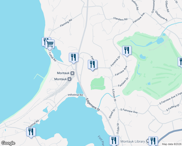 map of restaurants, bars, coffee shops, grocery stores, and more near 12 Flamingo Avenue in Montauk