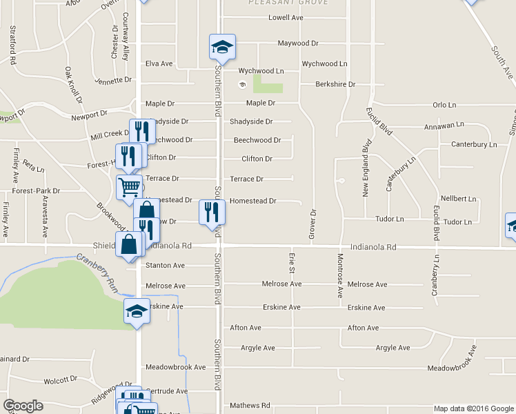 map of restaurants, bars, coffee shops, grocery stores, and more near 152 Homestead Drive in Youngstown