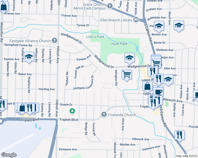 map of restaurants, bars, coffee shops, grocery stores, and more near 2292 Edmund Avenue in Akron