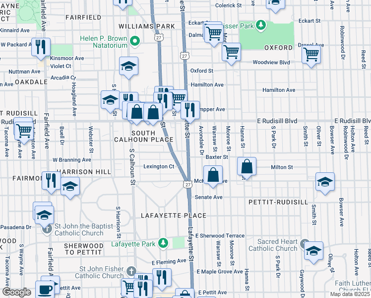 map of restaurants, bars, coffee shops, grocery stores, and more near 4036 Lafayette Street in Fort Wayne