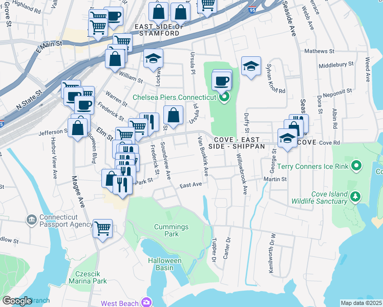 map of restaurants, bars, coffee shops, grocery stores, and more near 17 Van Buskirk Avenue in Stamford