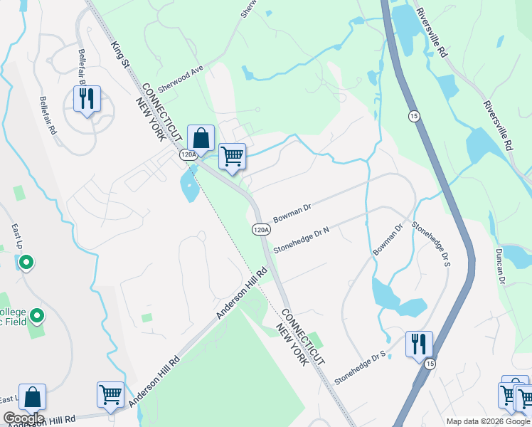 map of restaurants, bars, coffee shops, grocery stores, and more near 1063 King Street in Greenwich