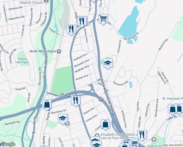 map of restaurants, bars, coffee shops, grocery stores, and more near 62 Hawthorne Street in White Plains