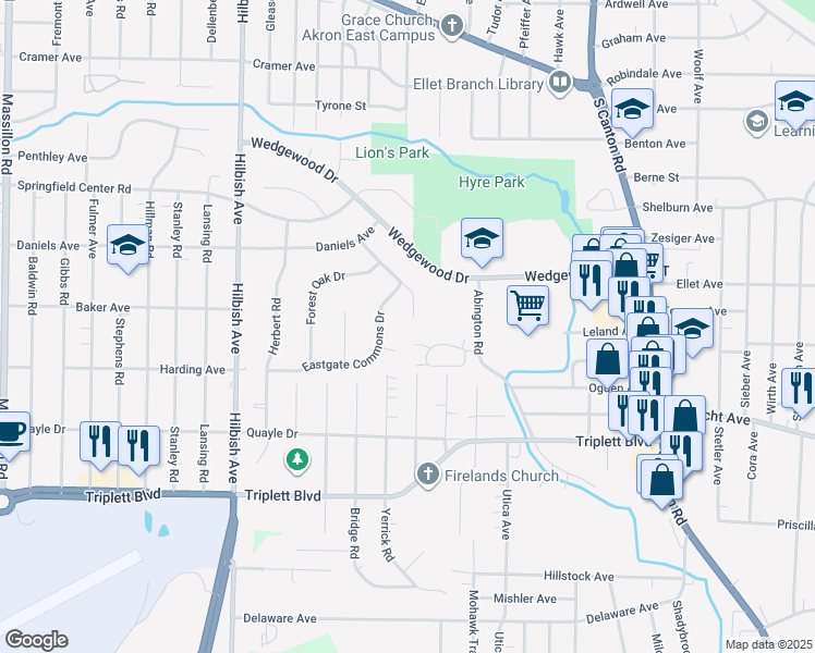 map of restaurants, bars, coffee shops, grocery stores, and more near 2292 Edmund Avenue in Akron