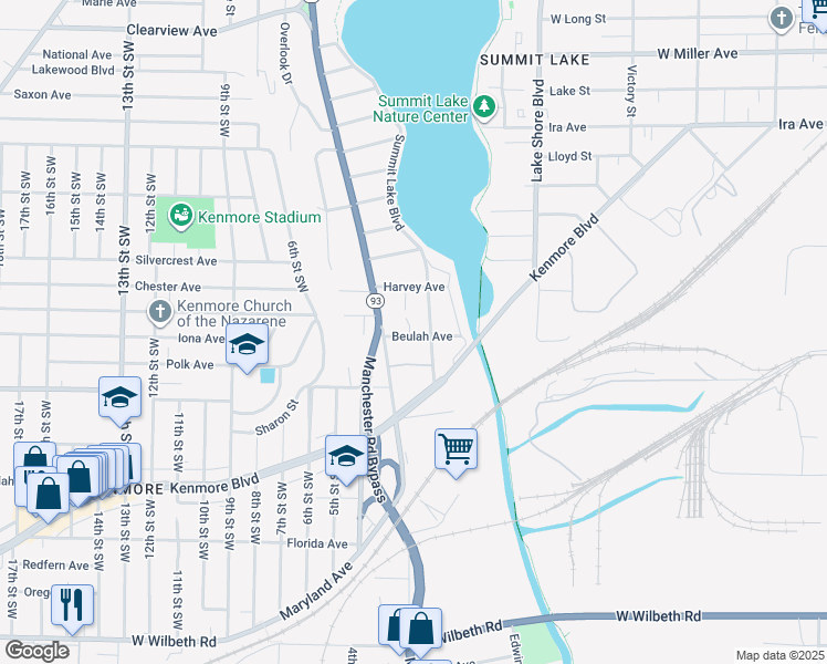 map of restaurants, bars, coffee shops, grocery stores, and more near 1898 2nd Street Southwest in Akron