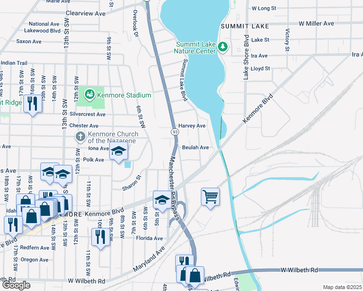 map of restaurants, bars, coffee shops, grocery stores, and more near 1835 Manchester Road in Akron