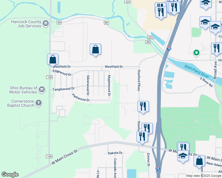 map of restaurants, bars, coffee shops, grocery stores, and more near 8157 Maplewood Drive in Findlay