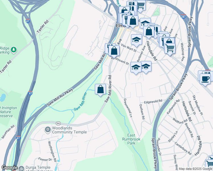 map of restaurants, bars, coffee shops, grocery stores, and more near 50 Babbitt Court in Elmsford