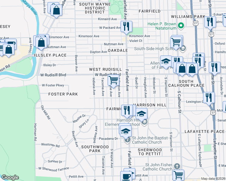 map of restaurants, bars, coffee shops, grocery stores, and more near 4013 South Wayne Avenue in Fort Wayne