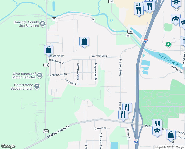 map of restaurants, bars, coffee shops, grocery stores, and more near 8178 Oakwood Drive in Findlay