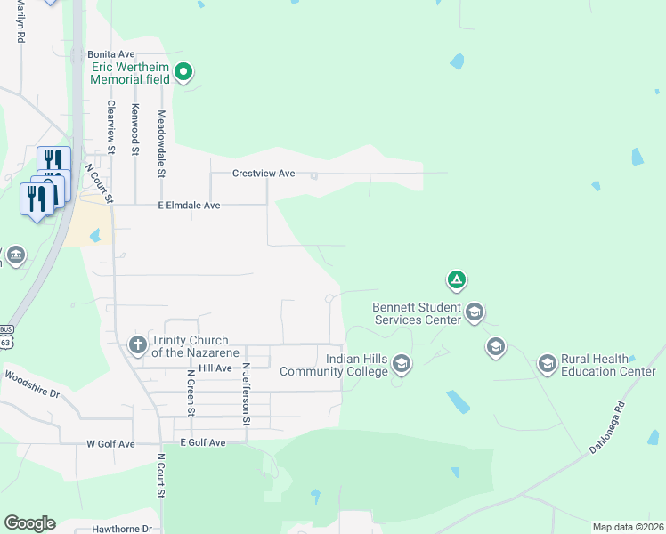 map of restaurants, bars, coffee shops, grocery stores, and more near 566-598 Indian Trail Road in Ottumwa