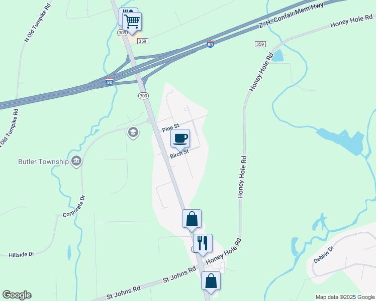 map of restaurants, bars, coffee shops, grocery stores, and more near 124 Birch Street in Drums