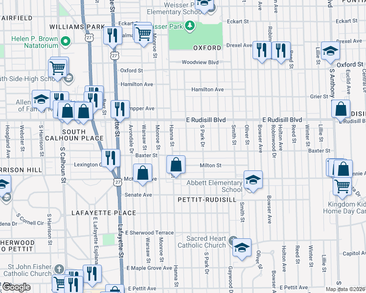 map of restaurants, bars, coffee shops, grocery stores, and more near 4026 Weisser Park Avenue in Fort Wayne