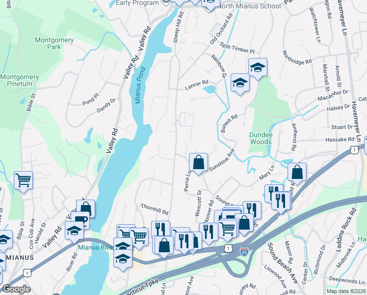 map of restaurants, bars, coffee shops, grocery stores, and more near 61 Stirrup Lane in Greenwich