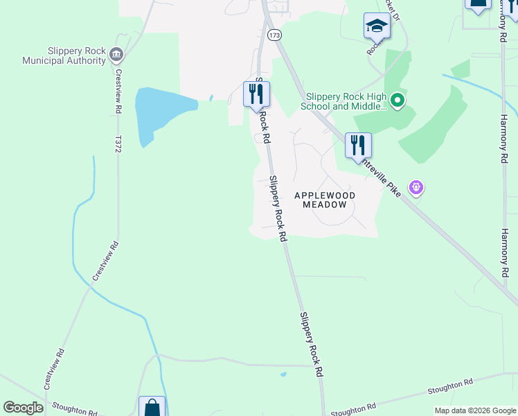 map of restaurants, bars, coffee shops, grocery stores, and more near 584 Slippery Rock Road in Slippery Rock
