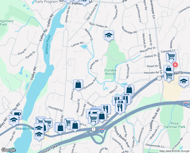 map of restaurants, bars, coffee shops, grocery stores, and more near 9 Bonwit Road in Riverside