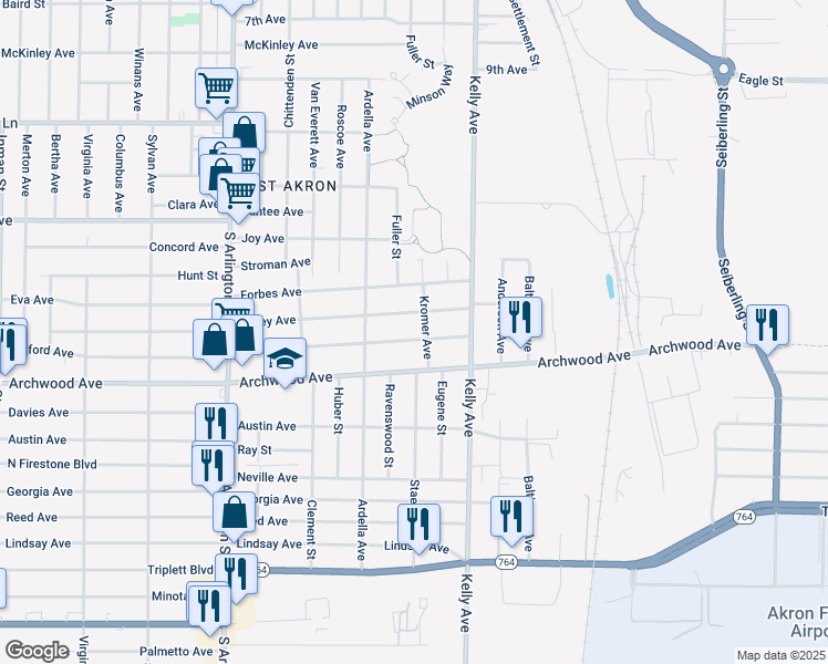 map of restaurants, bars, coffee shops, grocery stores, and more near 1191 Wyley Avenue in Akron
