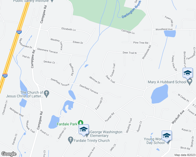 map of restaurants, bars, coffee shops, grocery stores, and more near 3 Byrne Drive in Mahwah
