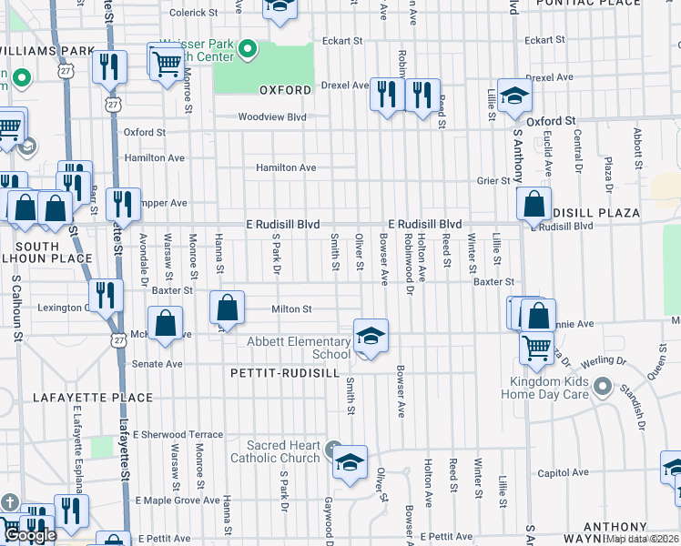 map of restaurants, bars, coffee shops, grocery stores, and more near 4001 Smith Street in Fort Wayne