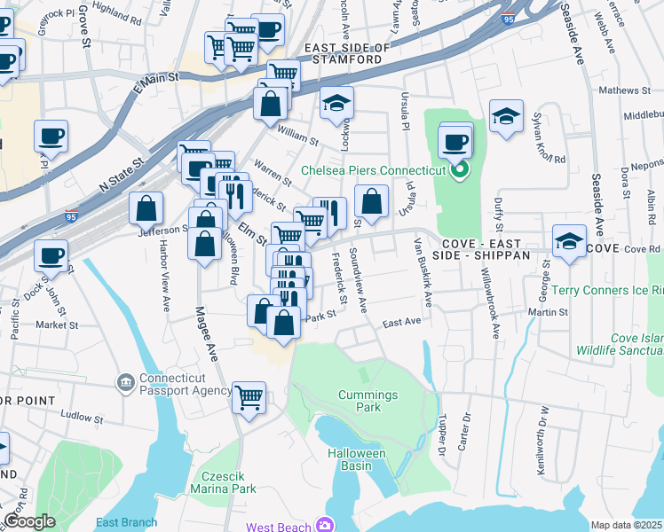 map of restaurants, bars, coffee shops, grocery stores, and more near 105 Cove Road in Stamford