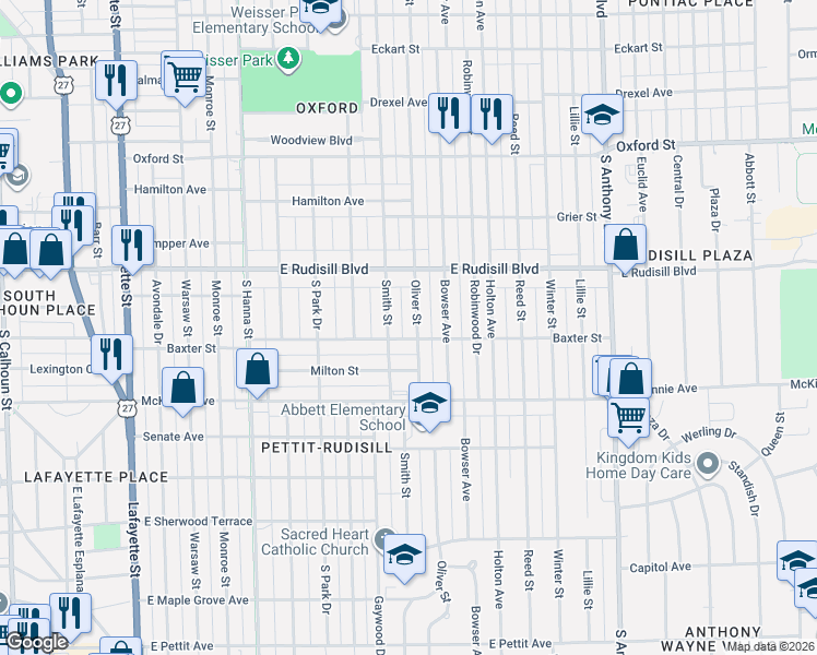 map of restaurants, bars, coffee shops, grocery stores, and more near 4001 Smith Street in Fort Wayne