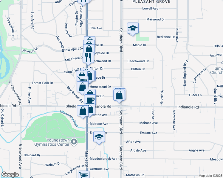 map of restaurants, bars, coffee shops, grocery stores, and more near 83 Homestead Drive in Youngstown