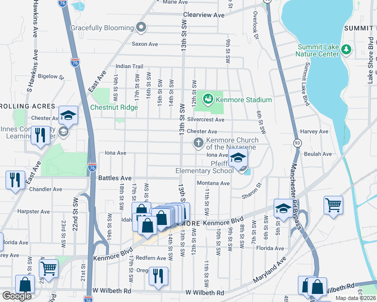 map of restaurants, bars, coffee shops, grocery stores, and more near 799 Harrison Avenue in Akron