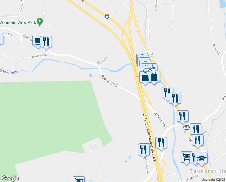 map of restaurants, bars, coffee shops, grocery stores, and more near 1898 Sullivan Trail in Tannersville