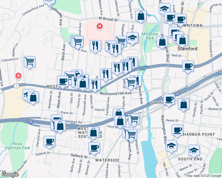 map of restaurants, bars, coffee shops, grocery stores, and more near 90 Fairfield Avenue in Stamford