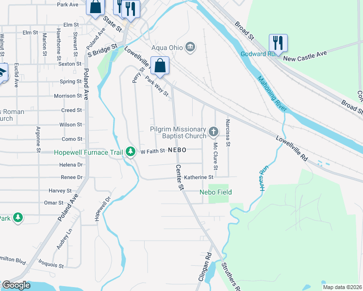 map of restaurants, bars, coffee shops, grocery stores, and more near 22 John Street in Struthers