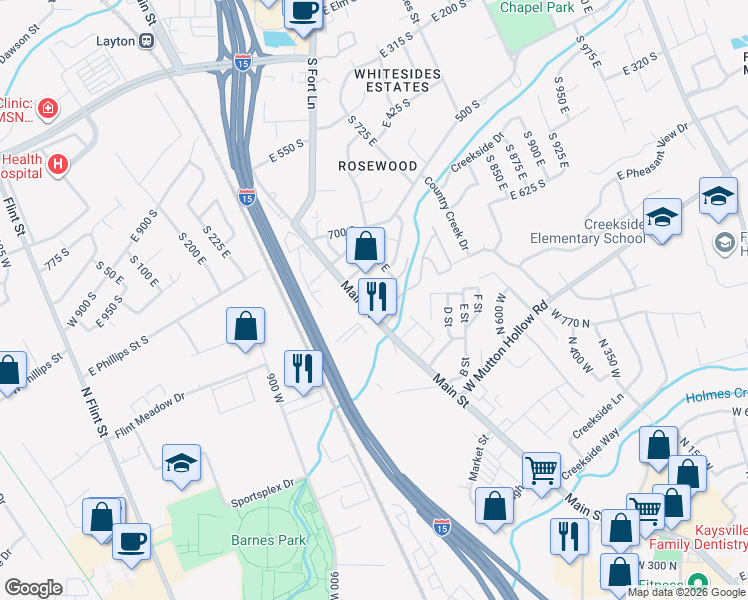 map of restaurants, bars, coffee shops, grocery stores, and more near 779 South Main Street in Layton