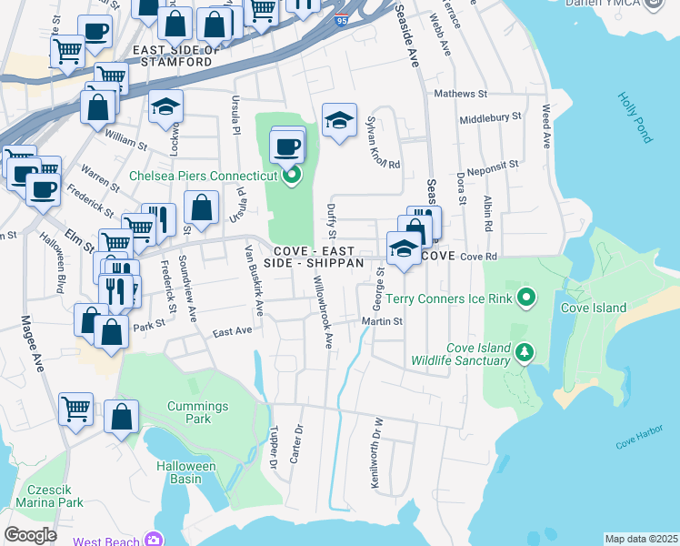 map of restaurants, bars, coffee shops, grocery stores, and more near 656 Cove Road in Stamford