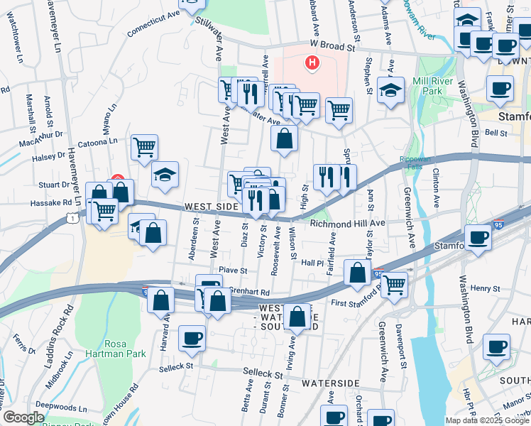 map of restaurants, bars, coffee shops, grocery stores, and more near 23 Virgil Street in Stamford