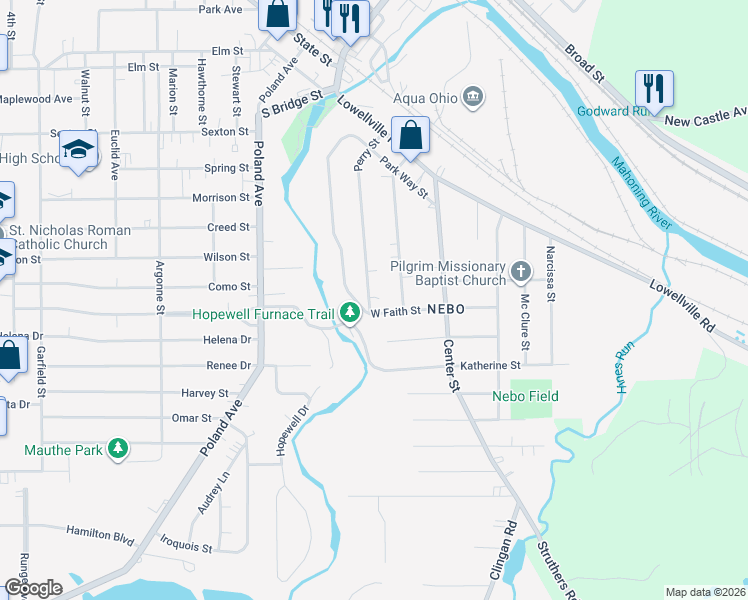 map of restaurants, bars, coffee shops, grocery stores, and more near 185 Perry Street in Struthers